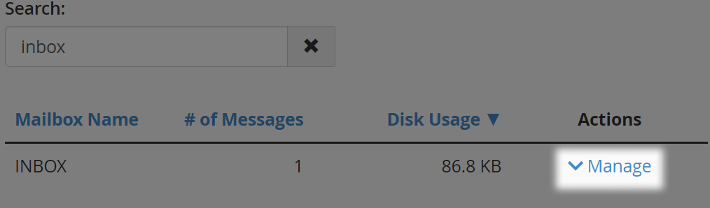 cPanel Disk Usage Manage | Zen internet table with a highlighted option to manage a mailbox