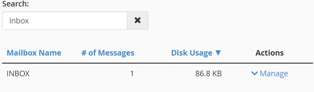 cPanel Disk Usage Search | Zen internet search box with inbox entered and a table showing the inbox results