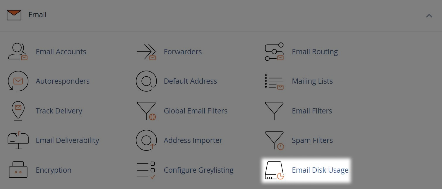 cPanel Email Disk Usage | Zen internet email menu with the email disk usage sub menu highlighted