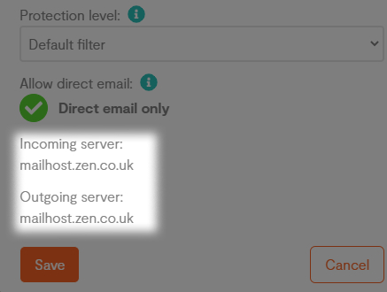 two unchangeable text fields for incoming and outgoing mail server